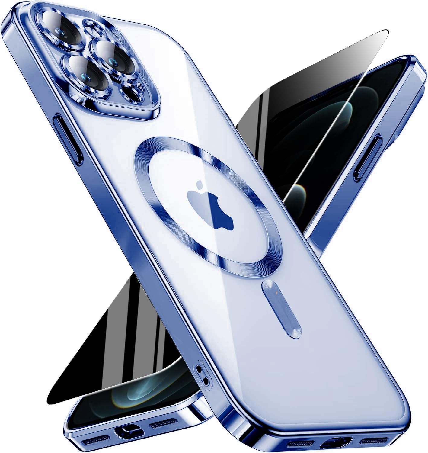 Magnetic for iPhone 12 Pro Max Case with Privacy Screen Protector &amp; Full Camera Cover,[Non-Yellowing] Plating Glossy Soft Shockproof Clear Phone Case with MagSafe Women Girls for 12 ProMax,Blue