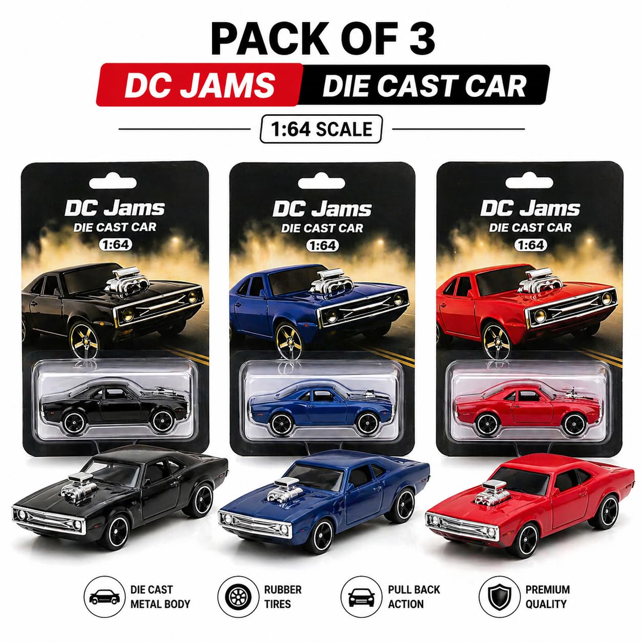 Bloccicraft 70 Dodge Charger Die-Cast Car Pack of 3 1:64 Scale