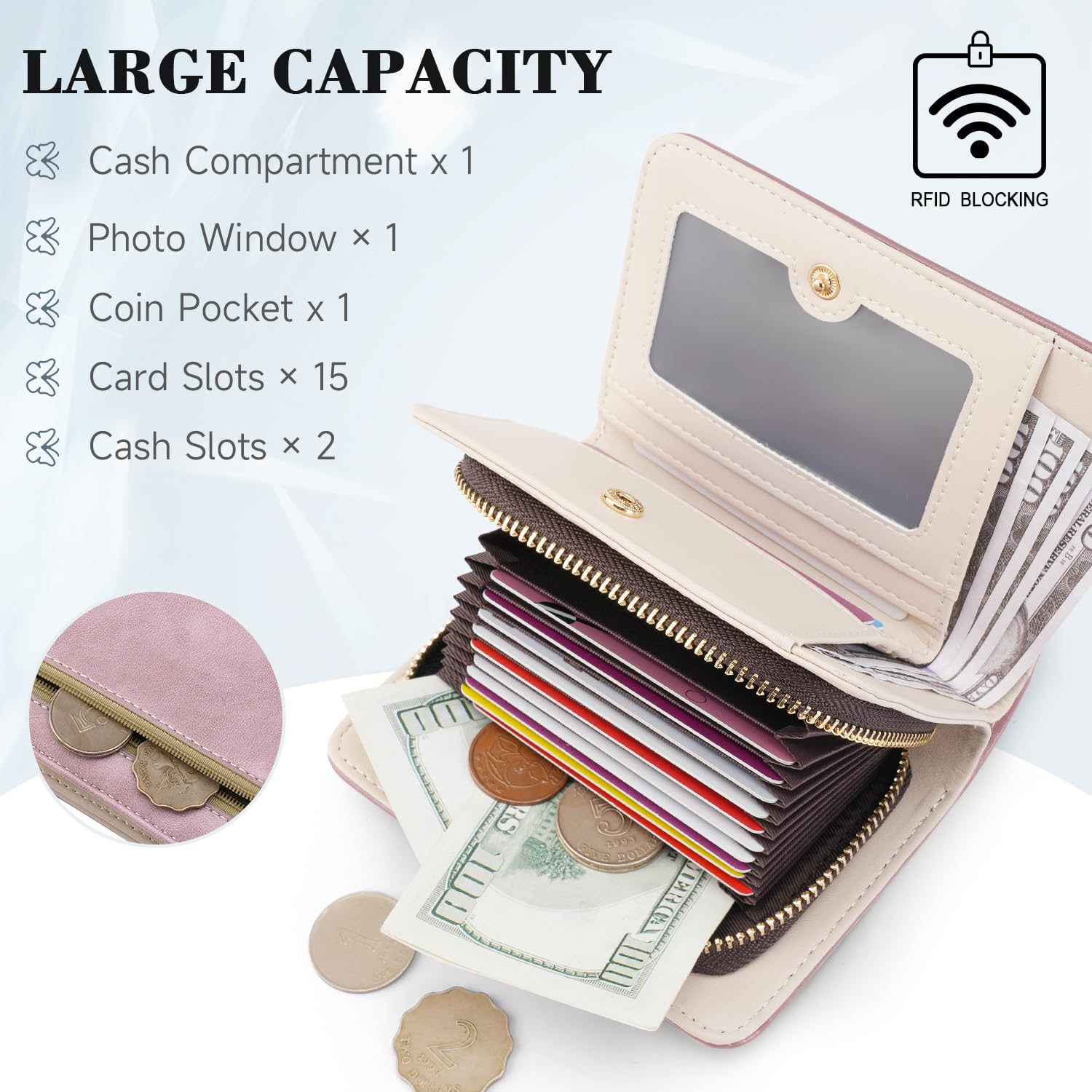 KITEVIUN Women RFID Blocking Small Bifold Wallet, Compact Cash Clutch with Zipper Coin Pocket, Glittery Butterfly Design, Credit Card Holder, Travel Purse with Tassel PURPLE