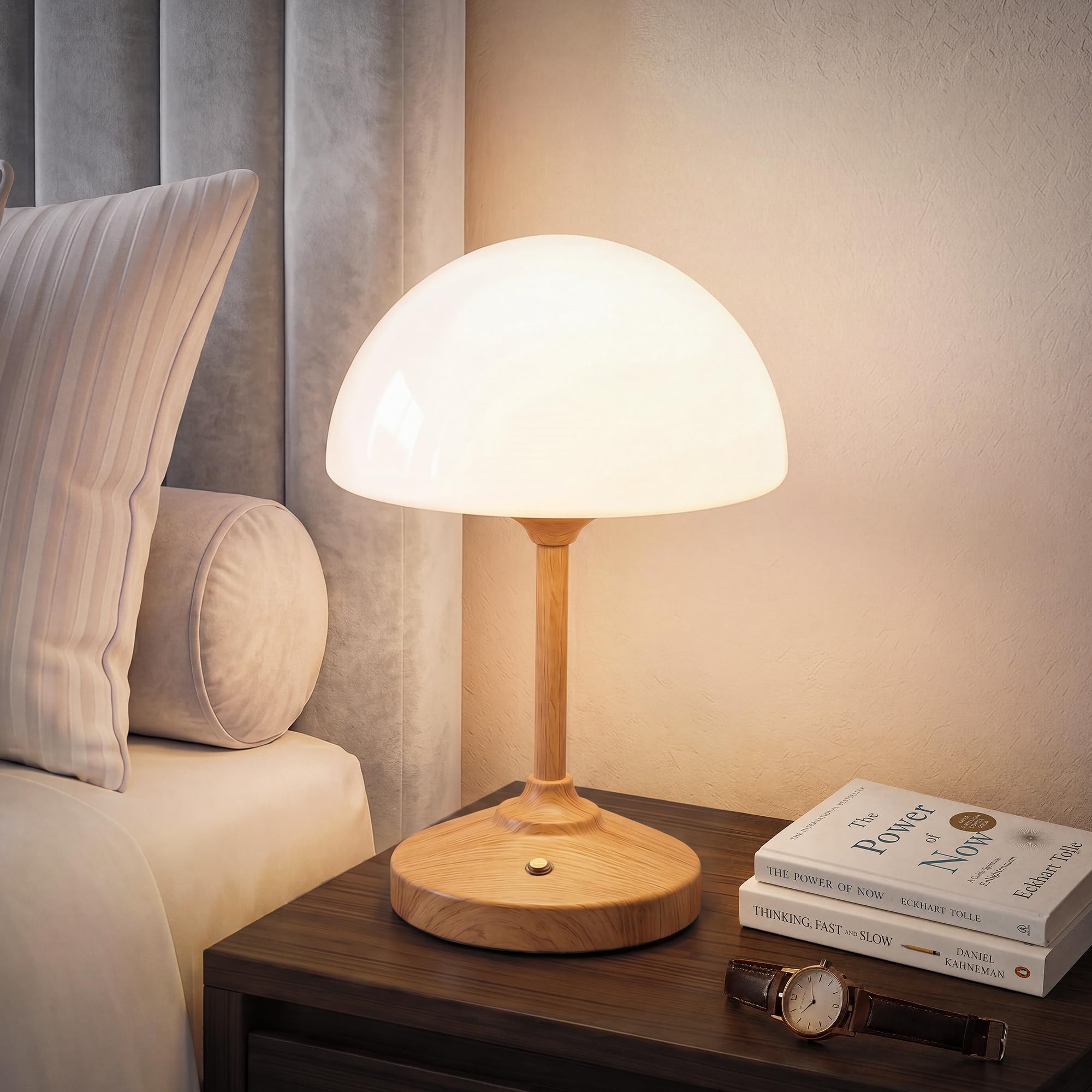 Dawnwake Mushroom Lamp Table Lamp Waterproof, Cordless Rechargeable Battery Lamp for Bedroom, 5000mAh Touch LED Lamps for Living Room, Bathroom, 3 Level Dimming Small Lamp, Wood Color