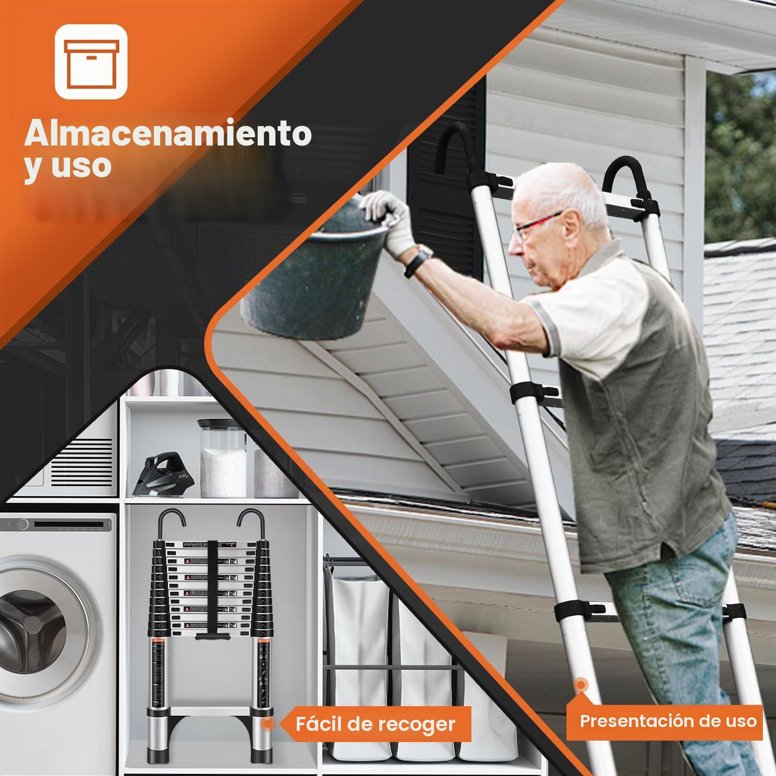 Escalera telescópica de 3.8 m con Ganchos y pies Antideslizantes, Escalera Plegable de Aluminio Ligero para altillos, Casas rodantes, Exteriores e Interiores, Capacidad de Carga de 150kg.Argentato