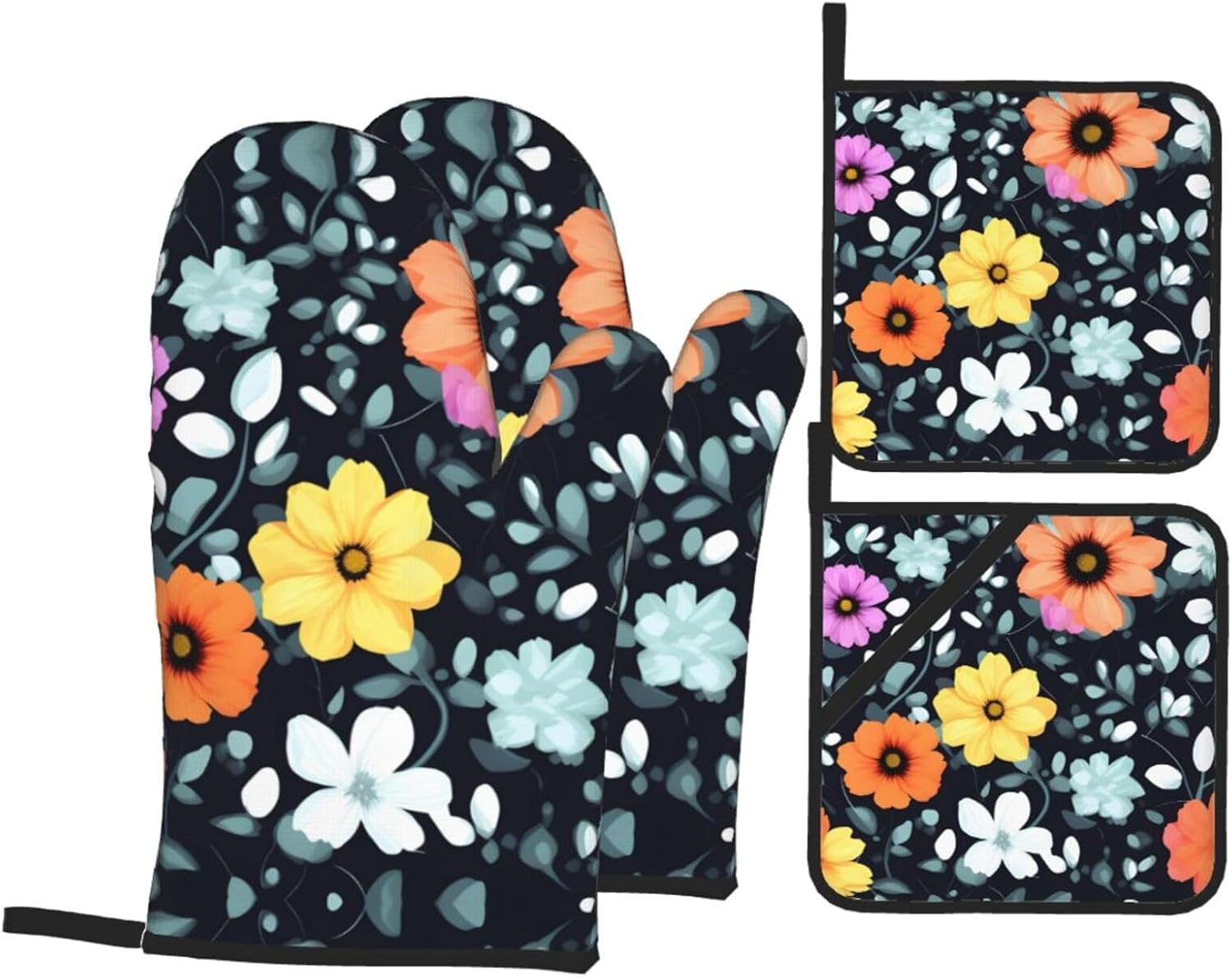 Beautiful colourful flowers Oven gloves and heat-resistant mat 4-piece set. Suitable for grilling, microwave oven frying, and baking