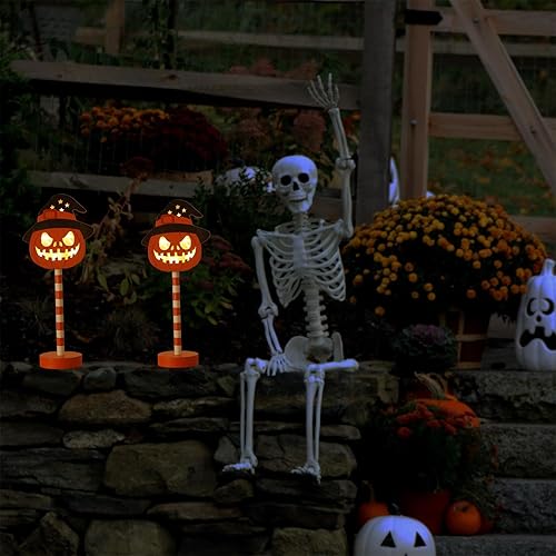 Miniatura 4 de Decoraciones de Halloween, 2 lámparas de calabaza iluminadas, para interiores y exteriores, luces decorativas de calabaza iluminadas, funciona con