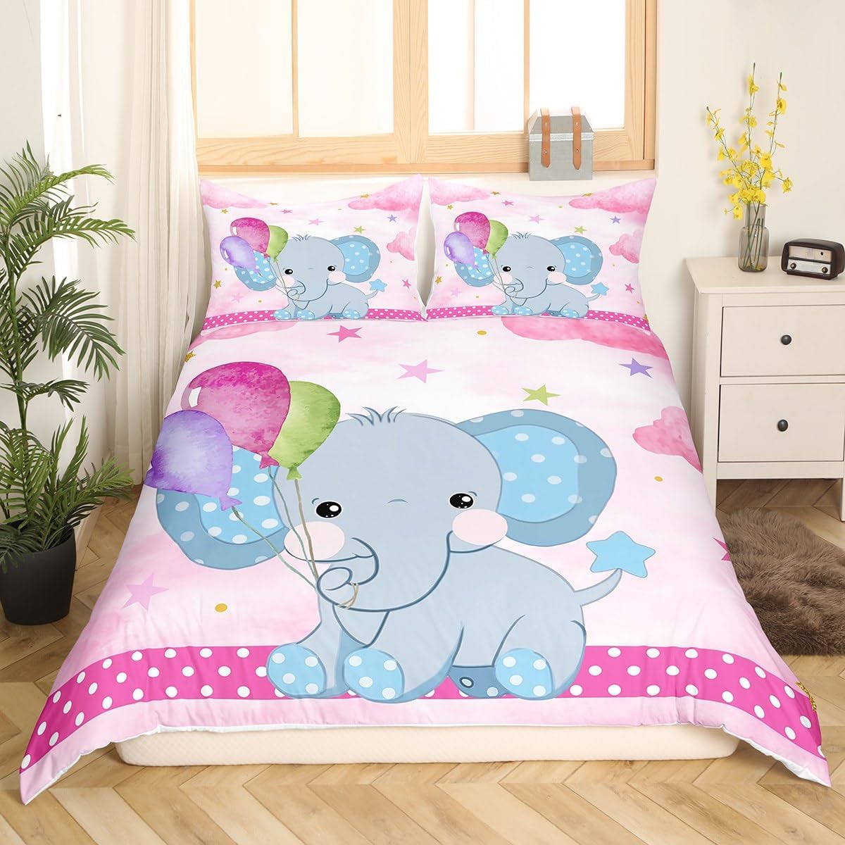 Women Cute Elephant Duvet Cover Set Twin Size,2 Pcs Breathable Pink Watercolor Bedding Sets(1 Duvet Cover+1 Pillowcase),Stars Cloud Sky Printed Comforter Cover Set for Girls Kids(No Comforter)