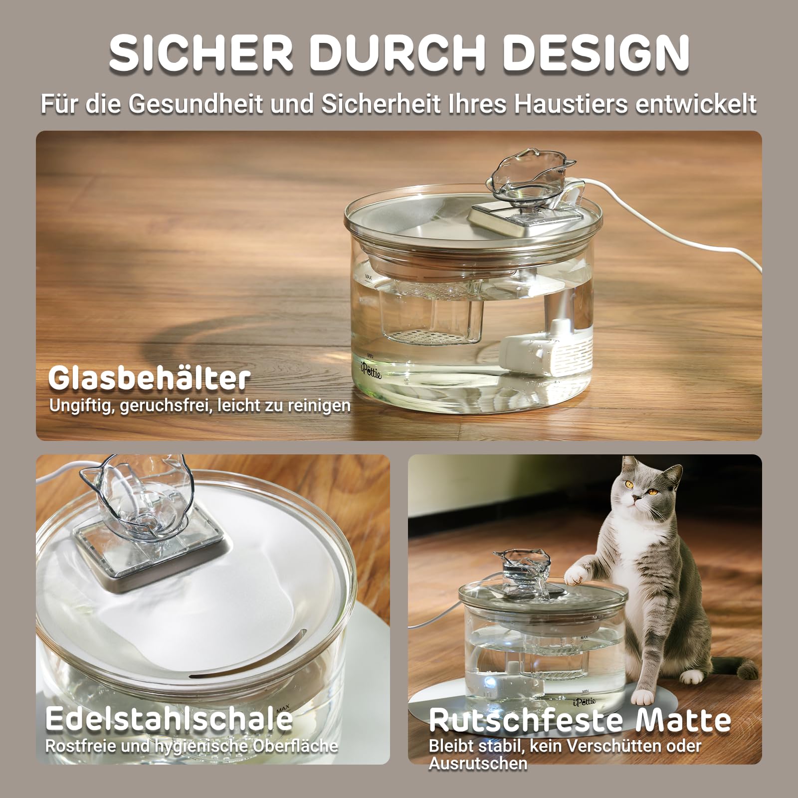 iPettie G01 Glas Katzenbrunnen, Trinkbrunnen für Katzen und Hunde 2L/68oz mit 2 Sprühaufsätzen, 3-stufiger Filtration, Automatischer Wasserspender aus Glas & Edelstahl