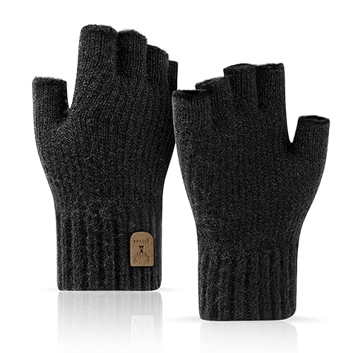 JUNRUI Fingerless Gloves Half Finger Gloves Winter Warm Knitted Gloves Working Running Biking Driving for Men and Women - Black