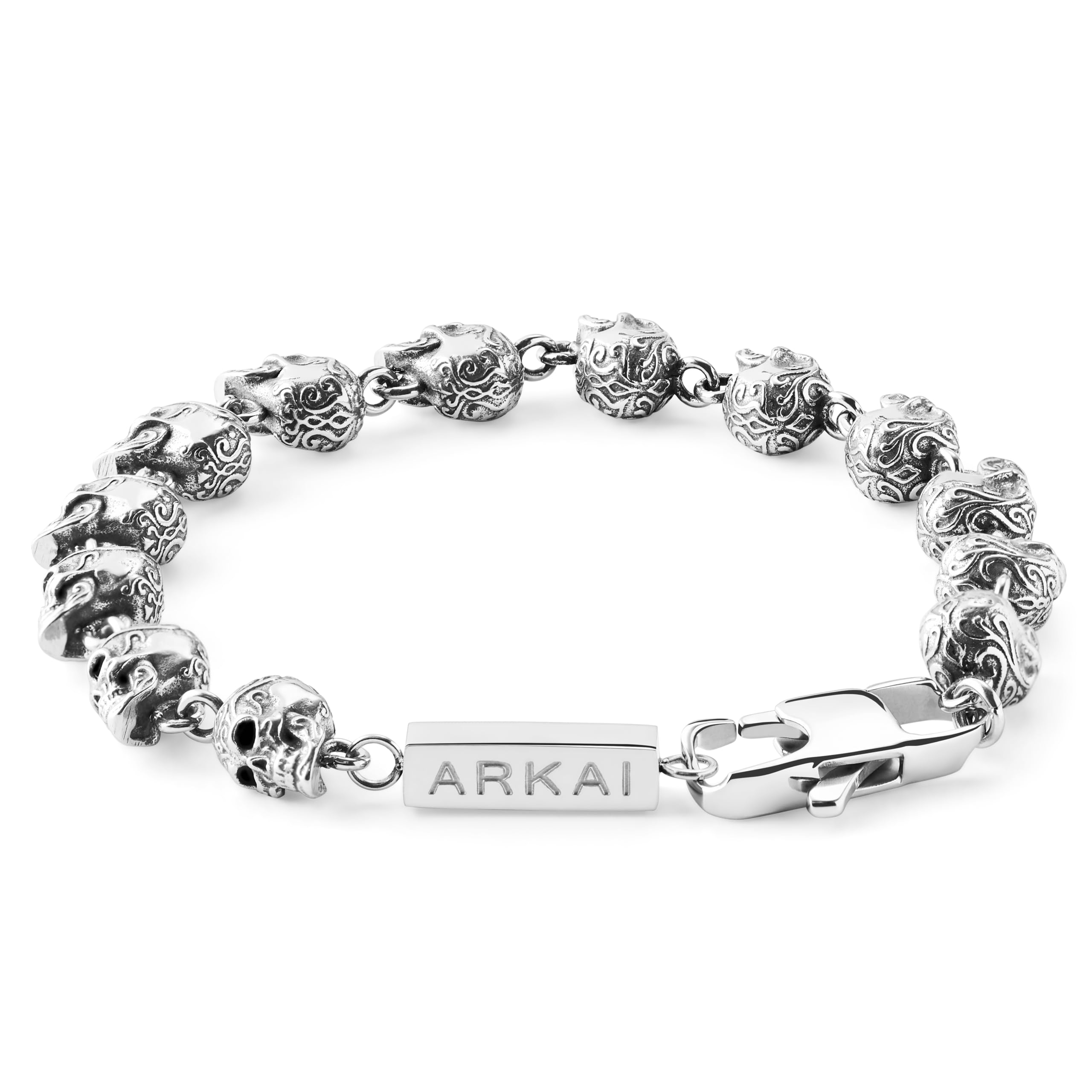 Arkai by Trendhim Pulsera para hombre con perlas de calavera de acero inoxidable, cierre de latón robusto y diseño detallado, diseño danés, accesorio informal