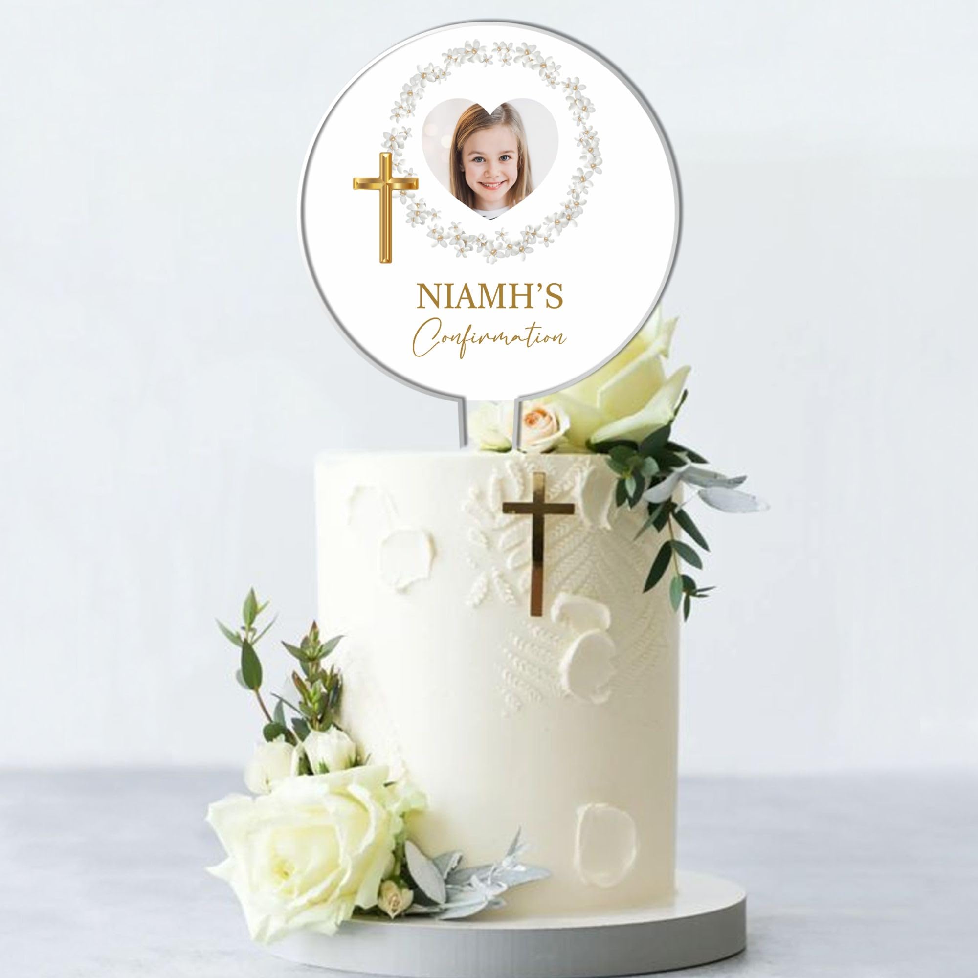 Personalised Photo Acrylic Cake Topper for Christenings, Holy Communions & Confirmations – Custom Child’s Name & Photo with Floral Wreath Designs (Confirmation Day, White Floral Wreath)