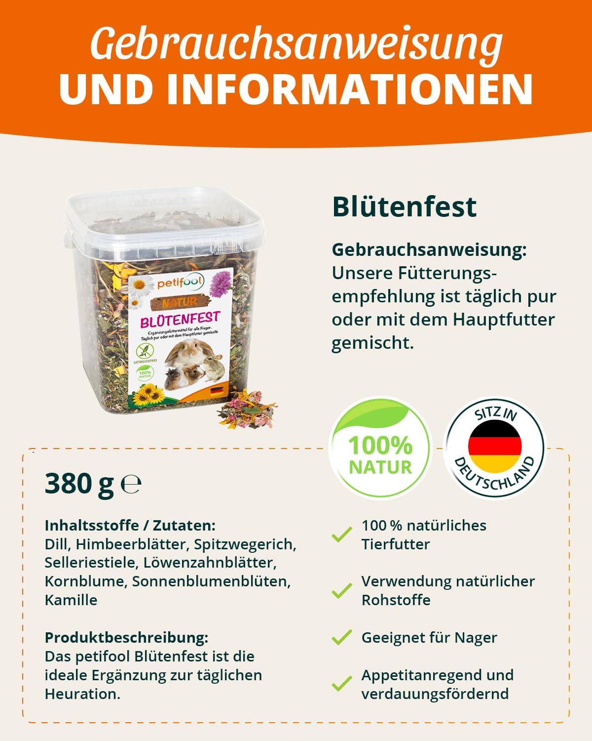 petifool Fiore resistente, 380 g, mangime complementare per roditori, mangime naturale per conigli, porcellini d'India, criceti, cincillà e molto altro ancora, senza additivi artificiali, 100%
