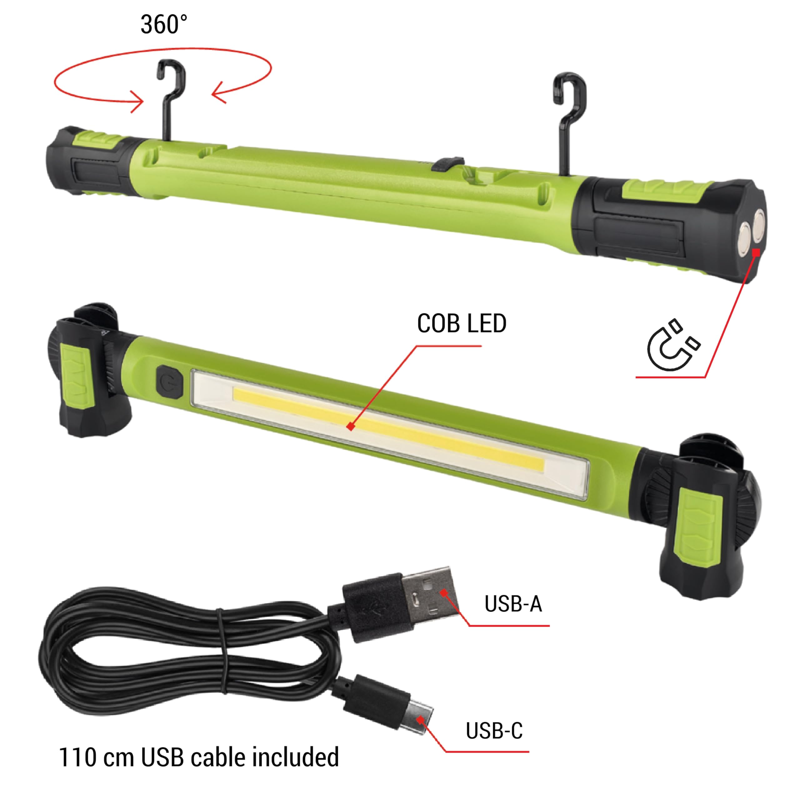 EMOS - Lampa robocza COB LED z możliwością ponownego ładowania - podstawa magnetyczna, hak, regulowana - odporna na uderzenia, wodoszczelna - maks. 1000 lm, 40 m, 6 h - 2 tryby świecenia - z kablem