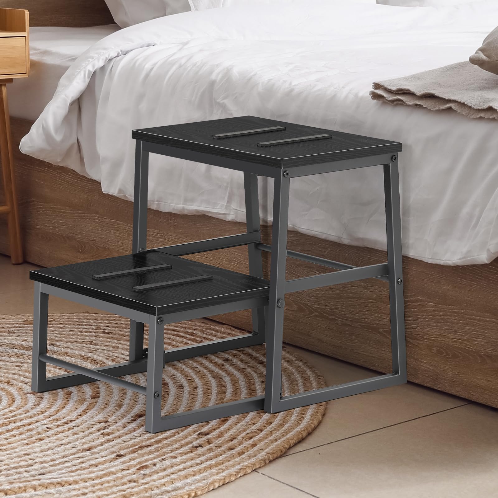 LIANTRAL 2 w 1 stołek dla dorosłych i dzieci, 2 poziomy, drewniany taboret o nośności 160 kg, metalowa rama, podnóżek do łóżka piętrowego, antypoślizgowy taboret do kuchni, biura, zamek błyskawiczny