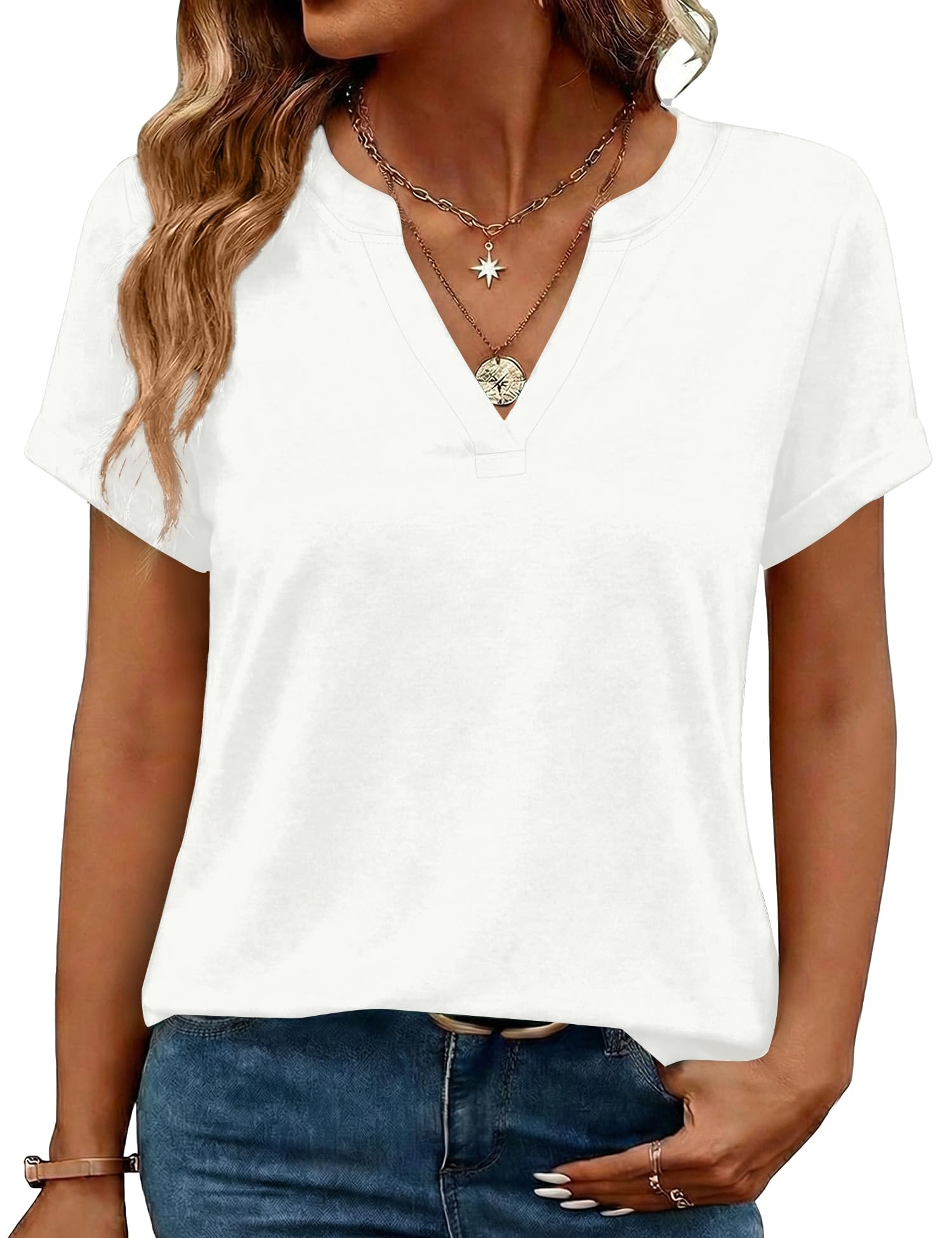 Rapbin Damen Bluse Kurzarm V-Ausschnitt Elegant Tunika Sommer Oberteile Casual Locker T-Shirt Freizeit Tops