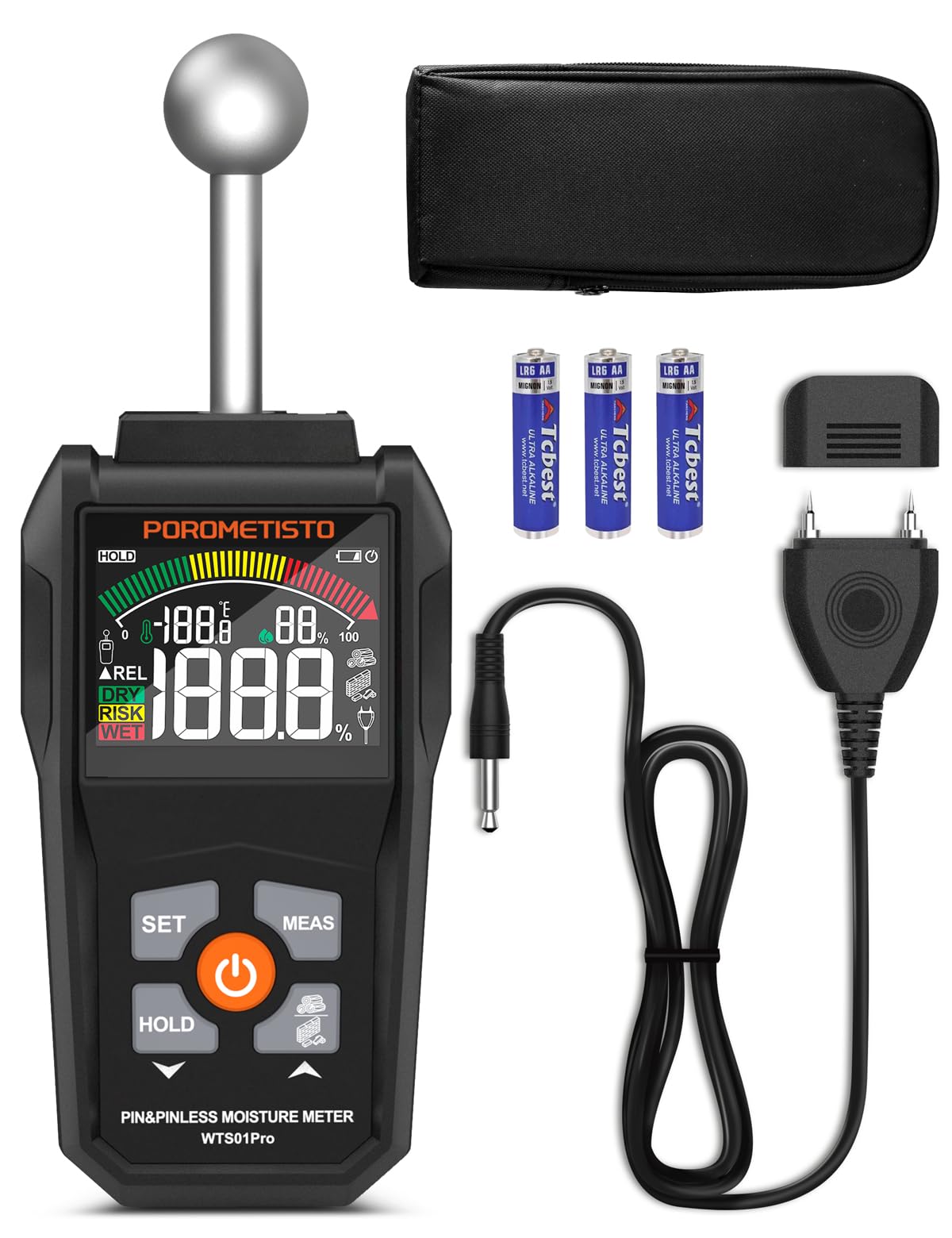 Moisture Meter, POROMETISTO Pin & Pinless Moisture Meter – Dual Mode Wood Moisture Detector for Walls, Drywall, Firewood & Concrete, Digital Moisture