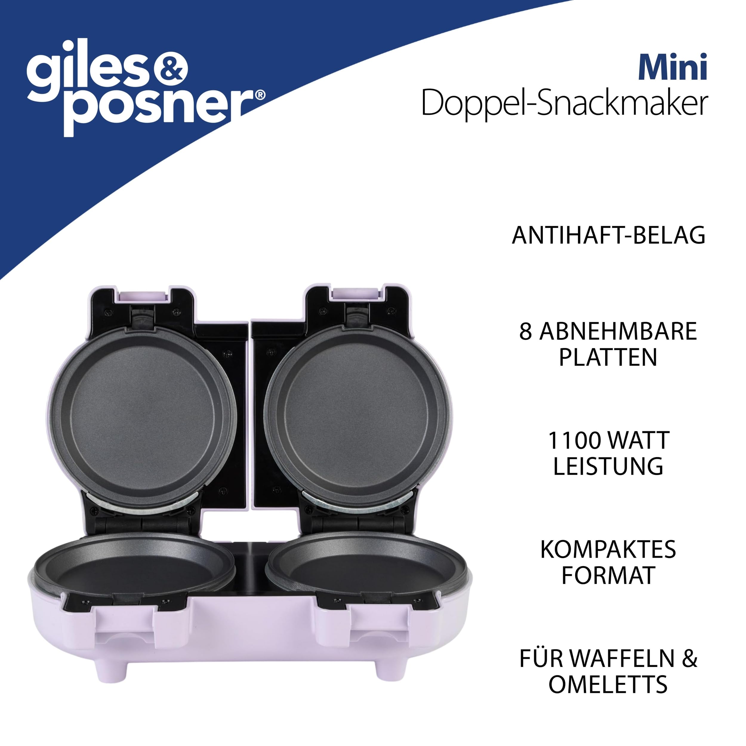 Giles & Posner Doppel-Snack-Maker – Mini Dual Treat Maker, Abnehmbare Antihaft-Kochplatten, Kompakt, Enthält 4 Flache Platten für Omeletts & Kuchen, 4 Waffelplatten, Leicht zu reinigen, Pastell Lila