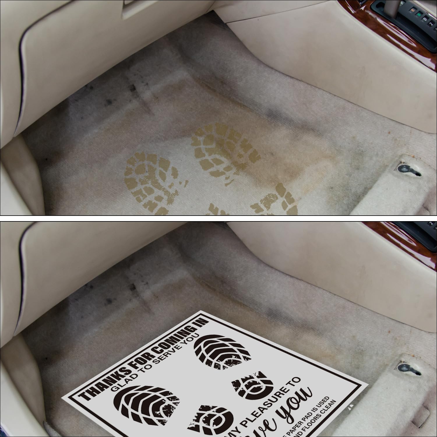 200 Unidades Tapetes Desechables De Papel Para Auto – 40x50 Cm – Impermeables Con Huellas Y Mensaje – Protege El Suelo Del Coche