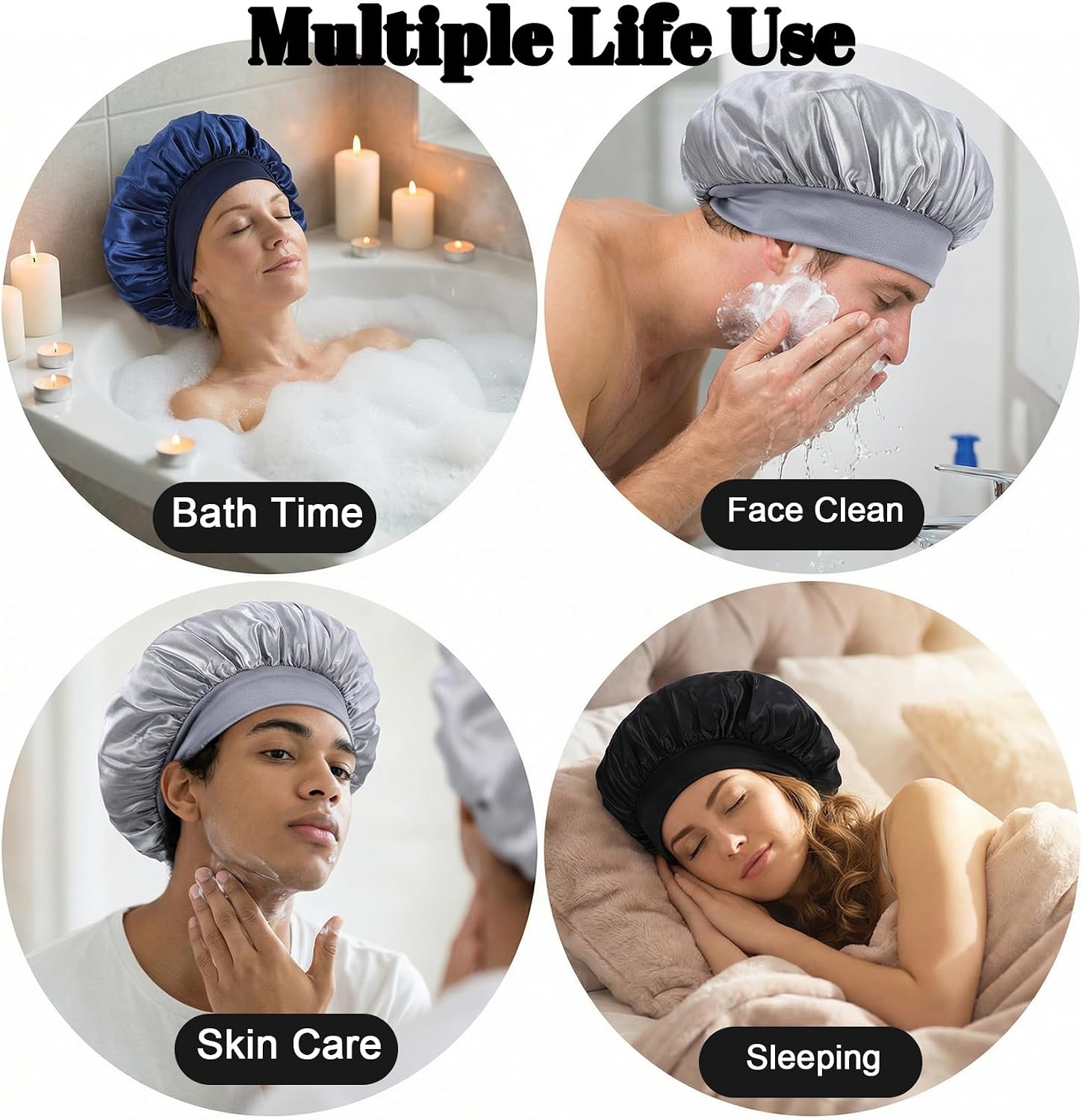 3 Pcs Bonnets for Men Set, Satin Silk Bonnet Men Sleep Caps, Anti-Frizz Mens Bonnet for Sleeping with Stretchy Elastic Band, Curly Hair & Dreadlocks Friendly (Black, Navy, Grey)