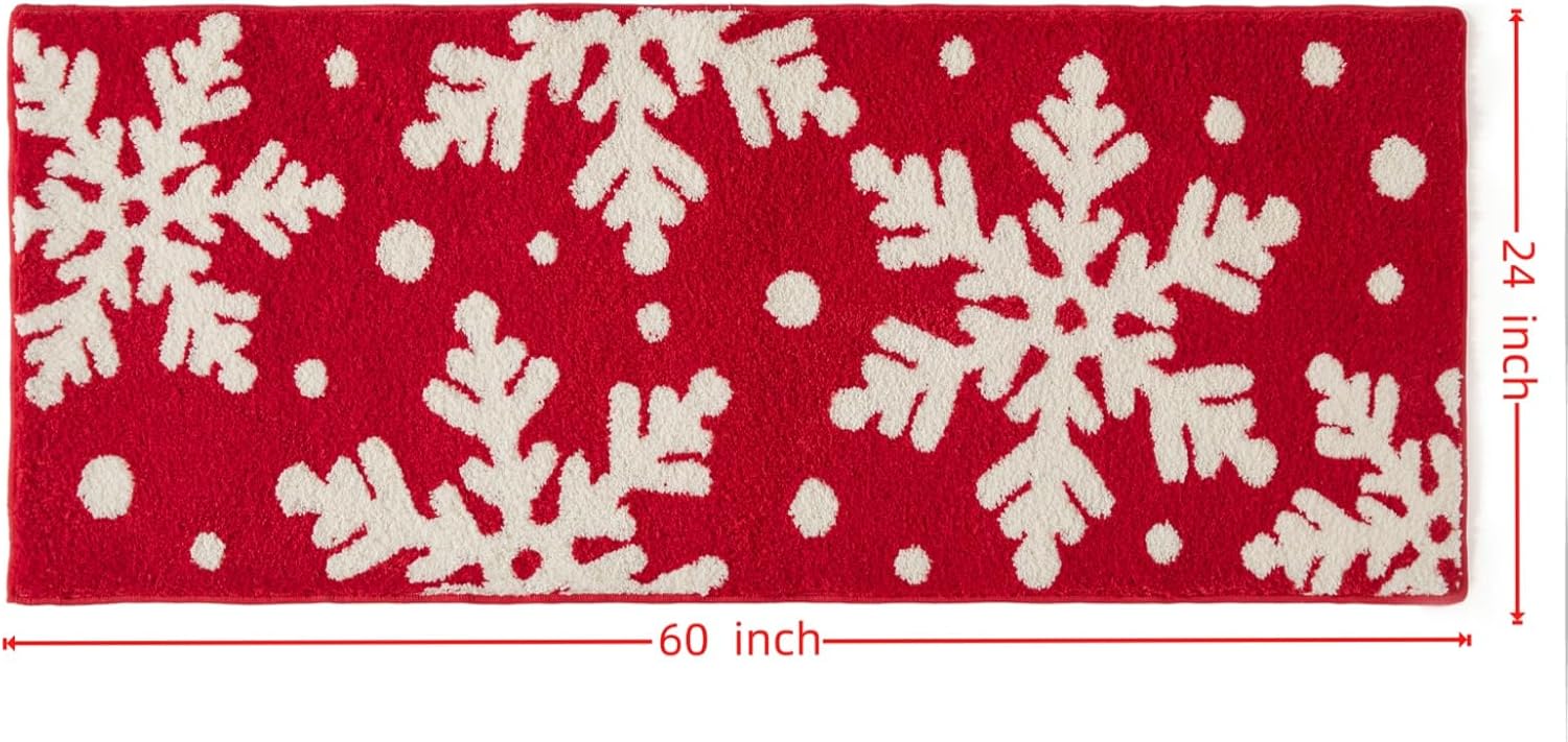 Christmas Bathroom Mat 24x60, Soft Snowflake Bath Mats, Machine Washable Microfiber Floor Mats for Bathroom Tubs, Sinks and Showers,Red
