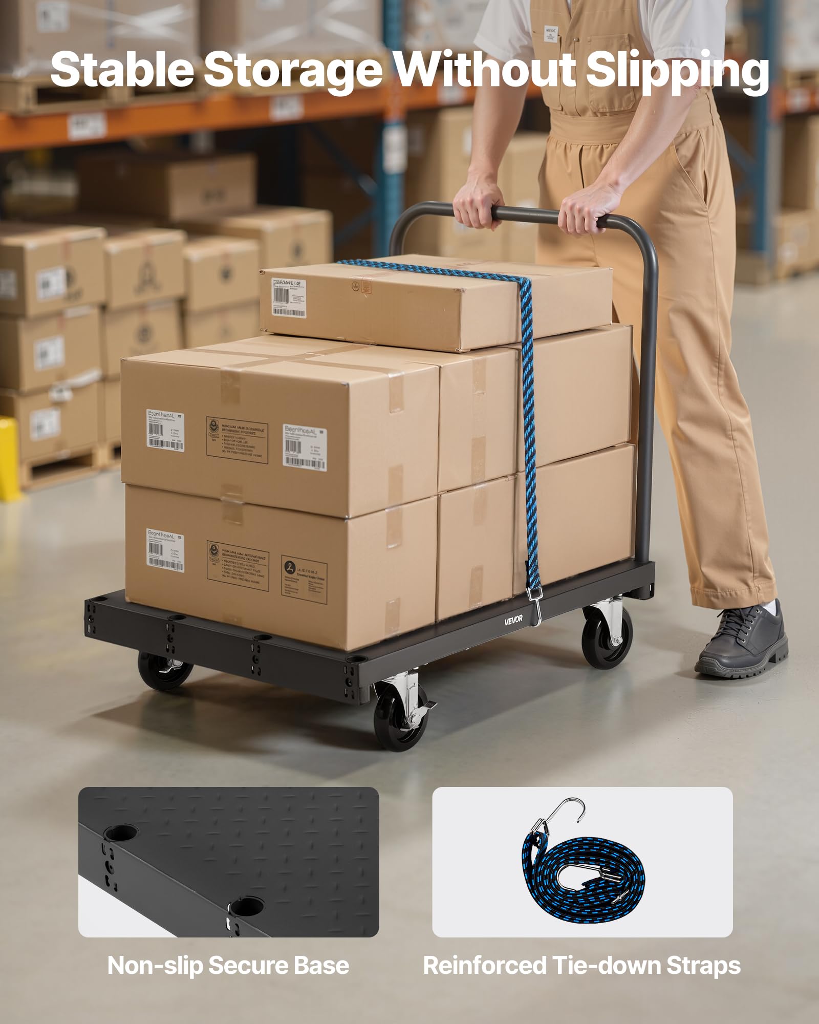 VEVOR Plattenwagen, 816 kg Tragkraft, 2-in-1 Rollenwagen mit 360° Lenkrollen, 914x610 mm Plattformwagen mit 3 seitlichen Handläufen, Transporthilfe für Fabrik, Lager, Garage, Schwarz