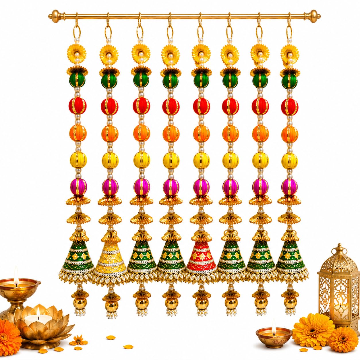 AARAM Gota Patti 5 Latkan Door Hanging | Multicolour Jhumka Toran Bandarwal for Main Door | Rajasthani Decorative Wall Hanging | Diwali, Wedding, Haldi Mehendi, Navratri Décor |