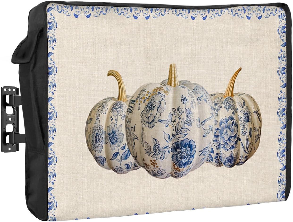 Outdoor TV Cover - Fall Thanksgiving Pumpkin with Floral Vintage Blue and White Porcelain Waterproof and Weatherproof 60"-65" LCD Movable Shield TV Display Screen Protector Outside Television Covers
