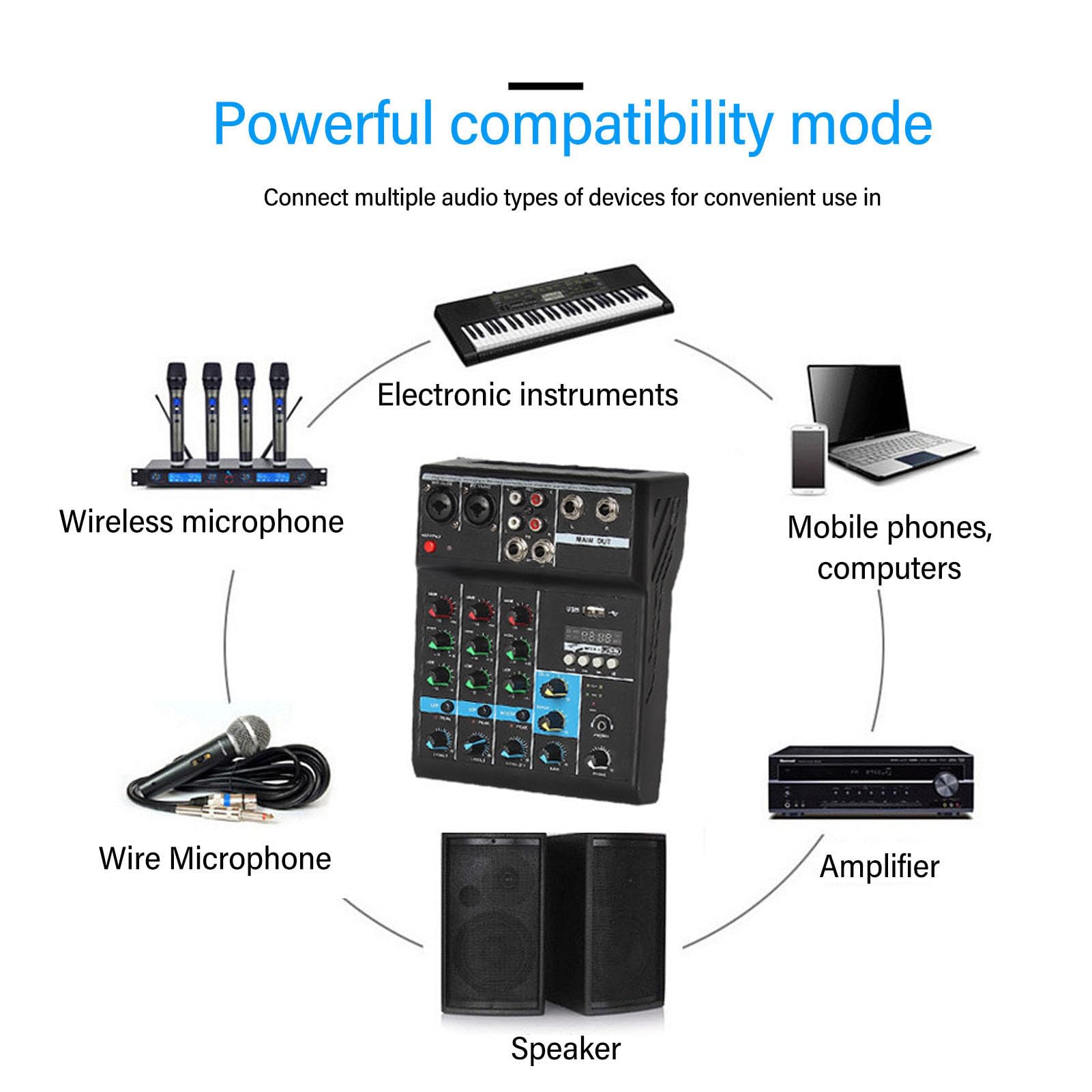 Mixer Audio Professionale con Scheda di Missaggio Audio, USB MP3 a 4 Canali, Alimentazione Phantom 48 V Stereo DJ Studio Streaming FX Processore DSP a 16 Bit