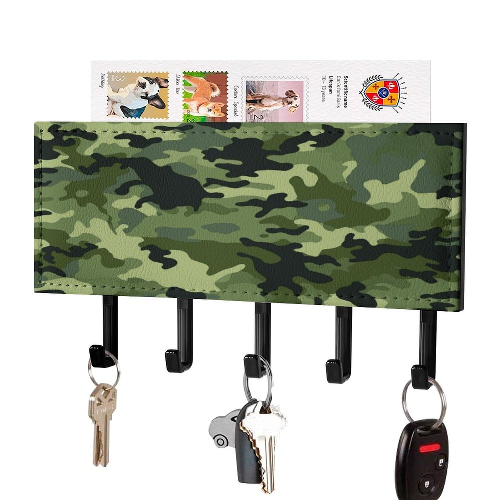 FekiLoot Camo Green Key Holder for Wall Decorative Mail Organizer with 5 Key Hook Self Adhesive Key Rack with Tray Coat Rack Wall Mount Key Hanger Decor for Entryway Door