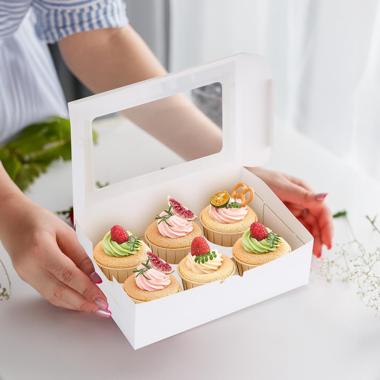 20 Pack Paper Cupcake Boxes 6 Count, White Cupcake boxes with Insert Window, Chocolate Covered Strawberries Boxes for Cookies Cupcakes Desserts (9.5 x 6 x 2.8 inch)