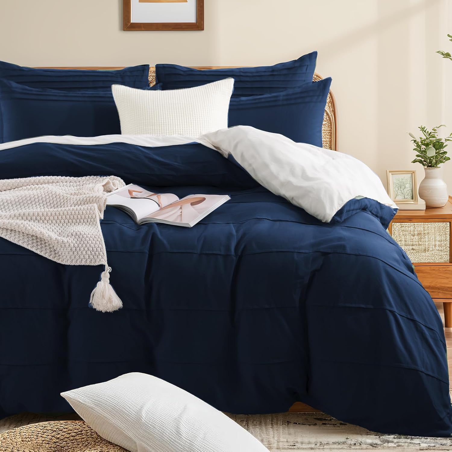 NEXHOME PRO 100% Organic Cotton Duvet Cover Queen Size, Pleated Textured Forest Green Duvet Cover Queen, 3pc Bedding Set with Zipper Closure, Soft Lightweight and Breathable,90"x90", No Comforter