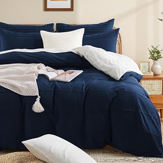 NEXHOME PRO Organic Cotton Duvet Cover Oversize King,Pleated,Navy Blue | 100% Washed Cotton,Linen Feel,Soft,Lightweight and Breathable,No Insert,Hidden Zipper,3PC,8 Ties,120"x98"