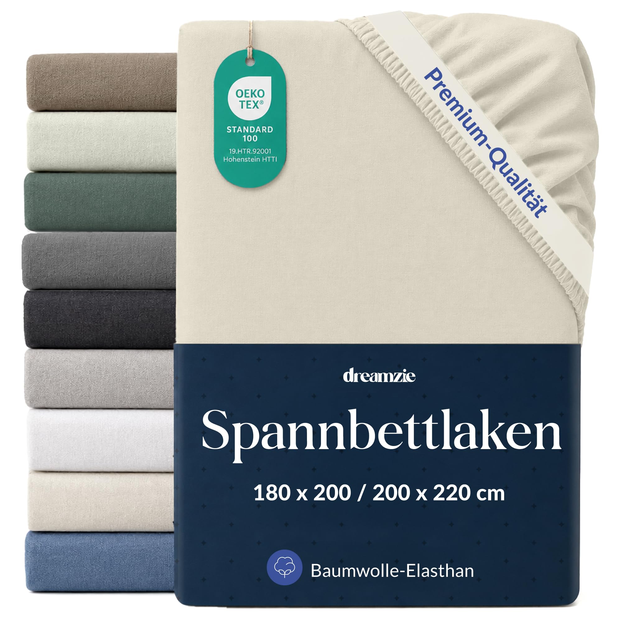Dreamzie Spannbettlaken 180x200-200x220cm Beige, Baumwolle | Jersey 97% Baumwolle, 3% Elasthan · Oeko-Tex zertifiziert · 360°-Gummizug bis 35 cm · Ohne Bügeln