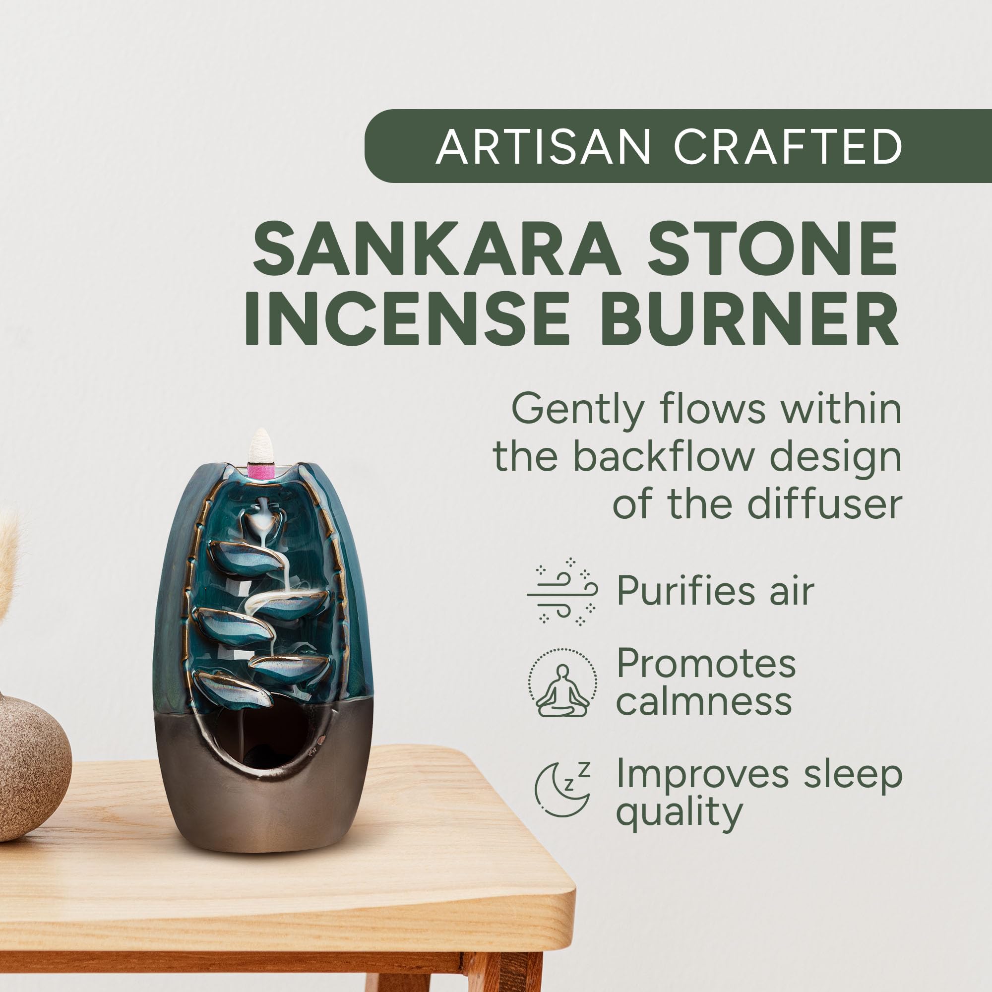 Midwest Trading Group - Sankara Stone Waterfall Incense Burner, Ceramic Incense Waterfall, Backflow Incense Burner with 20 Incense Cones, Waterfall Incense Burner for Home, Office, or Yoga Studio