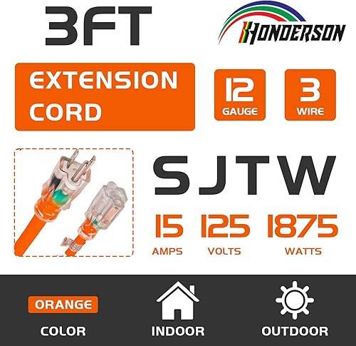 Miniatura 110 de Cable de extensión iluminado para exteriores 12/3 de 6 pies, calibre 12, 3 puntas, SJTW, resistente cable de extensión rojo neón con enchufe de 3