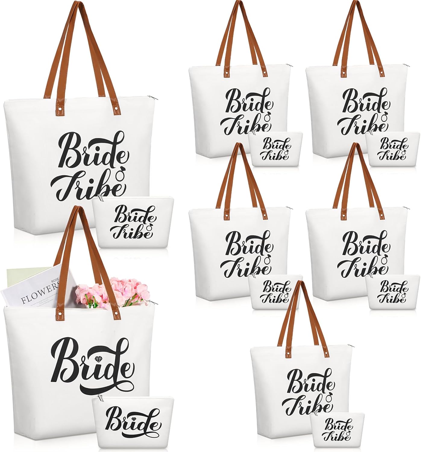 Hillban 14 Pcs Bridesmaid Canvas Bride Tote Bag and Makeup Bag Large Wedding Bachelorette Gifts Bridal Shower Gifts(Classic Style)