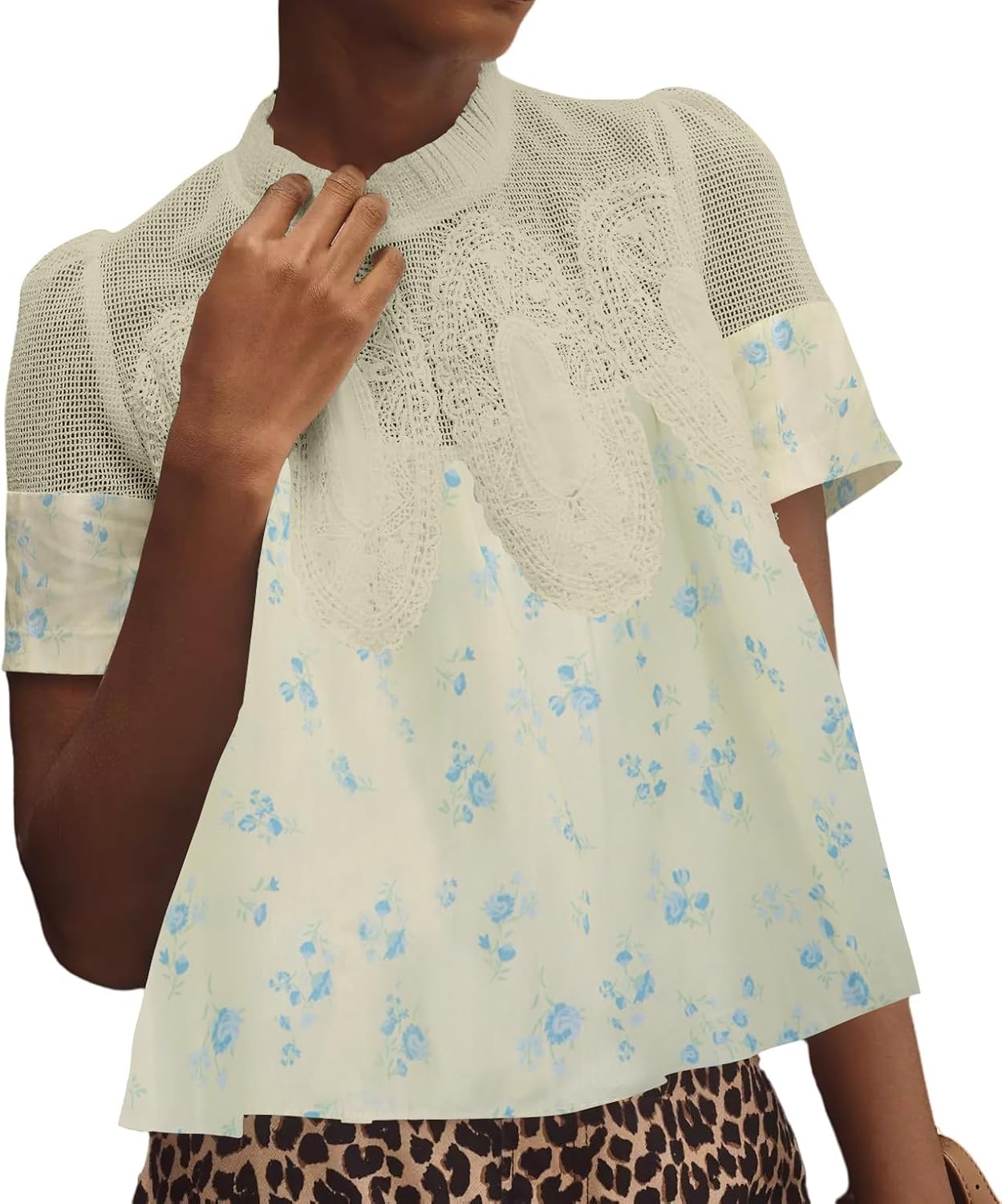 Womens Lace Flared Short Sleeve Blouse with Mesh Crew Neck