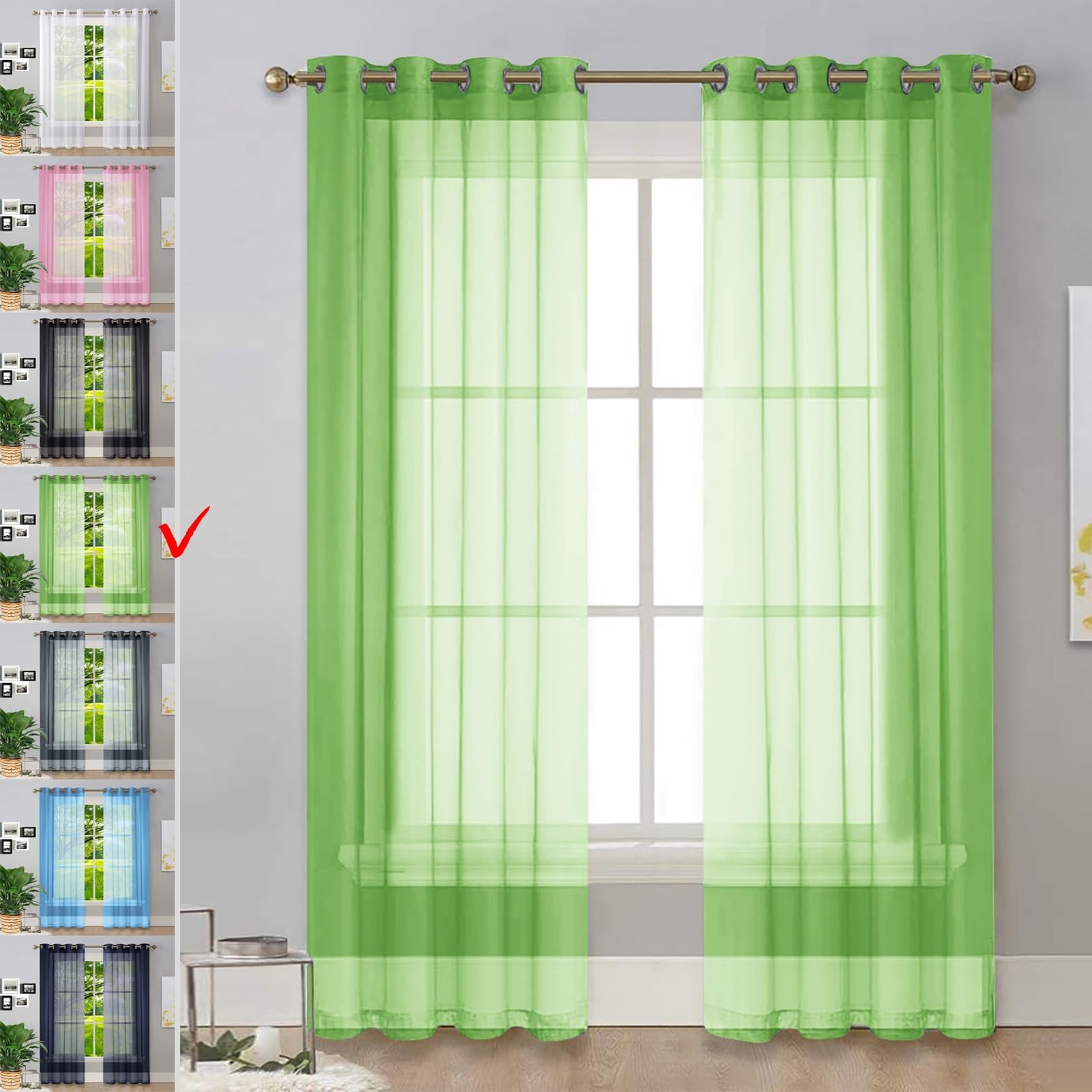 GAIFNAG Woven Voile Metallic Ring Top Curtain 100 x 85 cm Insulated Energy Efficiency Eyelet Super Soft Tape Top Curtains, Blackout Eyelet Curtains for Bedroom and Living Room, Green