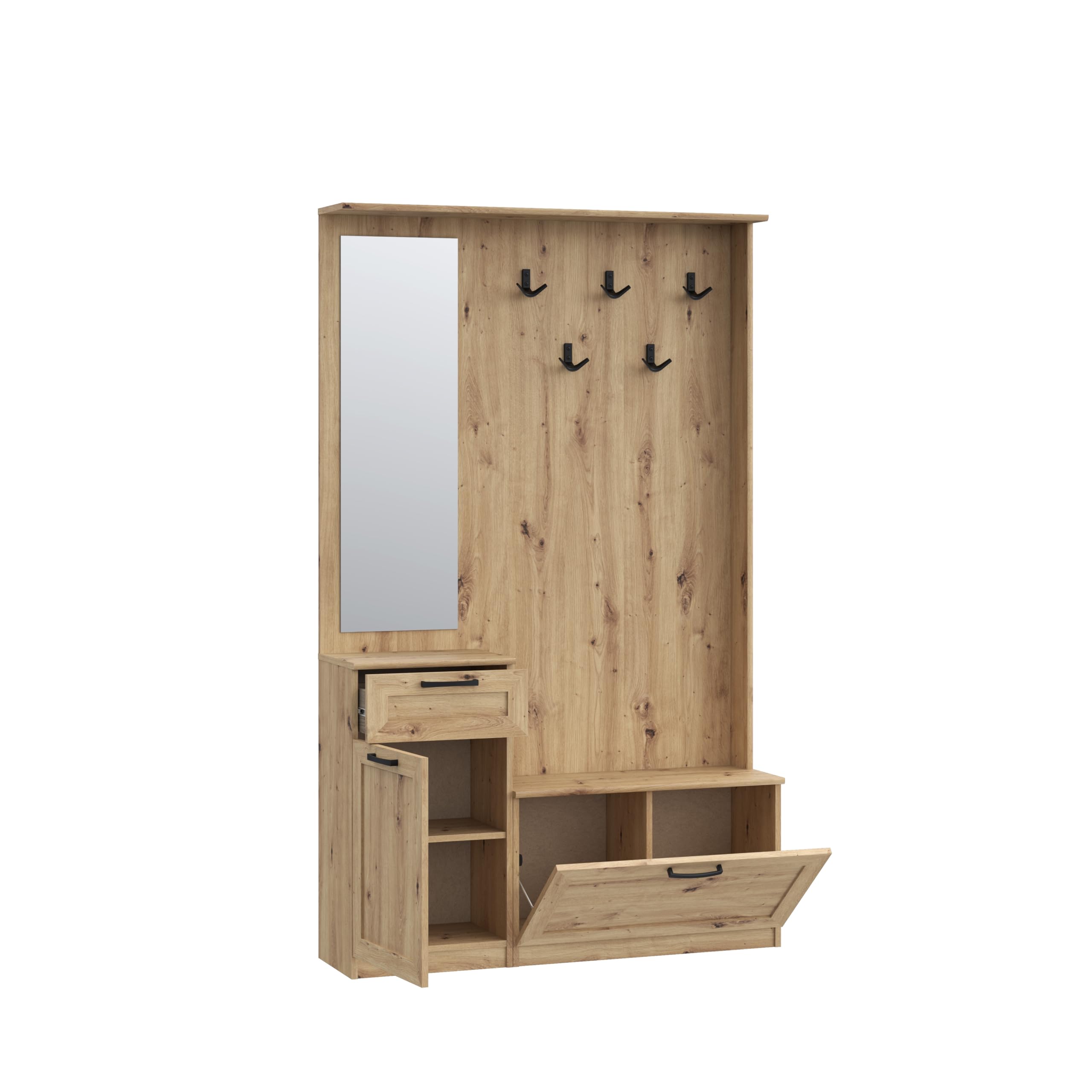 Forte NIKO Garderobe 110, Skandi-Garderobenpaneel, 1-türig, 2 Schubladen, Spiegel, Haken, Flur, Artisan Eiche Holzdekor, 110,9 cm breit x 181,5 cm hoch x 29,6 cm tief