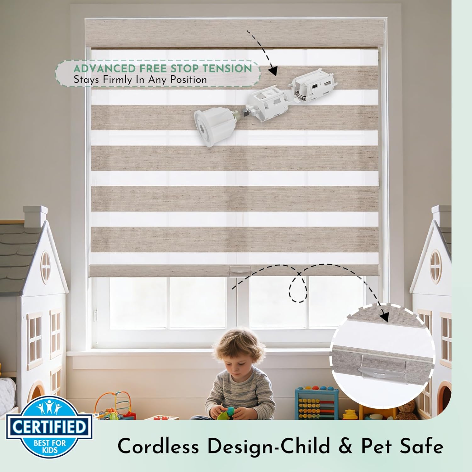 Tonature Linen Zebra Blinds for Indoor Windows, No Drill No Tools Windows Shades for Home, Light Filtering Shades for Privacy,Double Fabric for Day & Night,Khaki,Custom Size