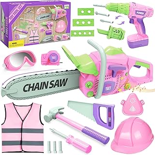 Kids Tool Set, Pink Tool Set for Girls with Toy Chainsaw, Electric Toy Drill, Hammer, Working Vest, Accessories, Construction Pretend STEM Toy Tool Kit for Toddlers Ages 3 4 5 6 7 Years Old