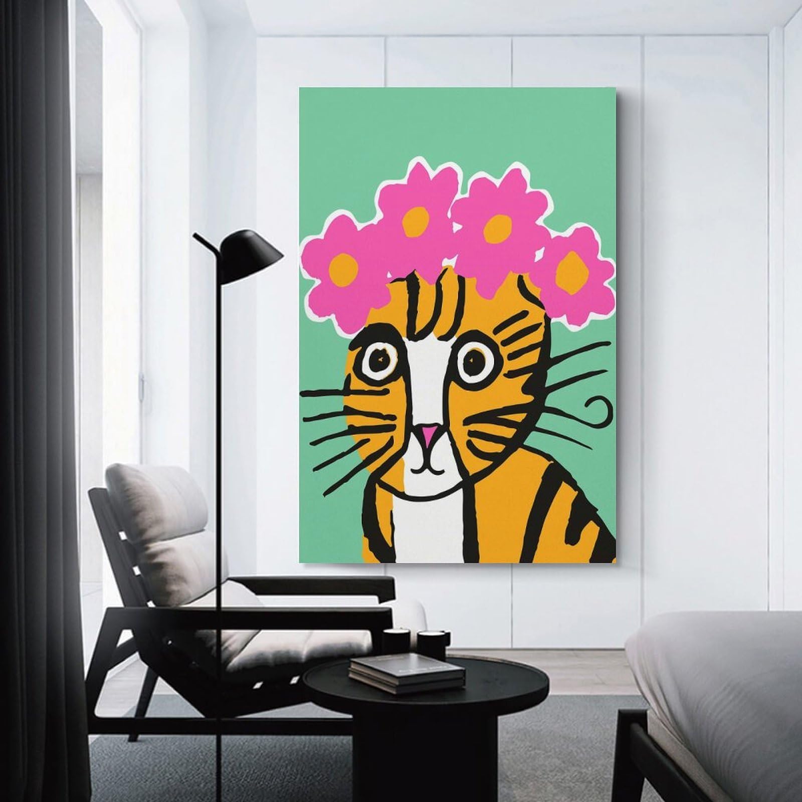 Junmoney Cat with Flower Crown On Wall Picture Print 24x36inch(60x90cm), for Work Areas, Reading Rooms Or Studios, An Interior Accent for Desk Areas