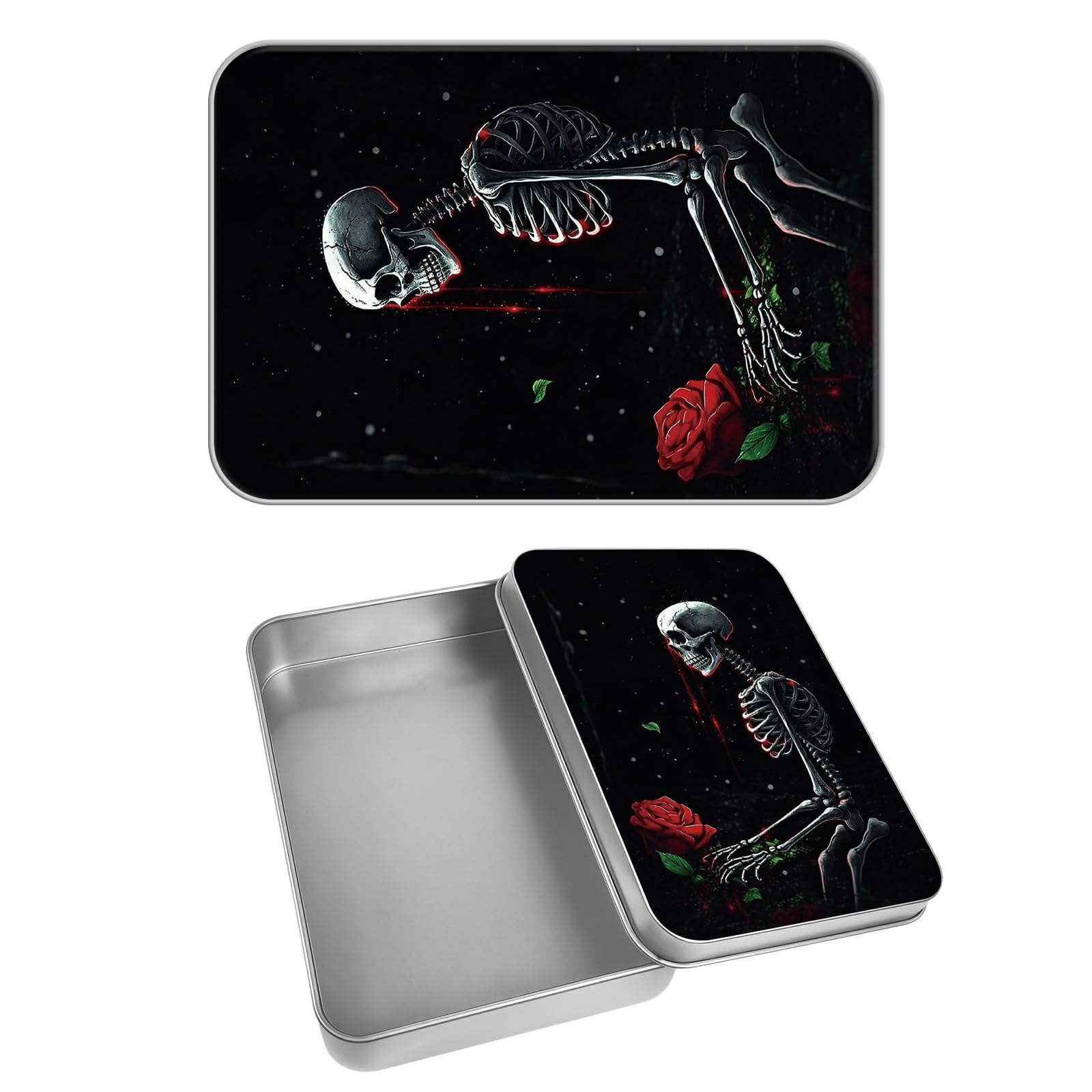 Rectangular Metal Tin Box with Removable Lid, Skull Rose Decorative Printed Metal Storage Container for Cards, Diaries, Home Organization 4.53 x 3.35 x 0.86 inch– Single Pack