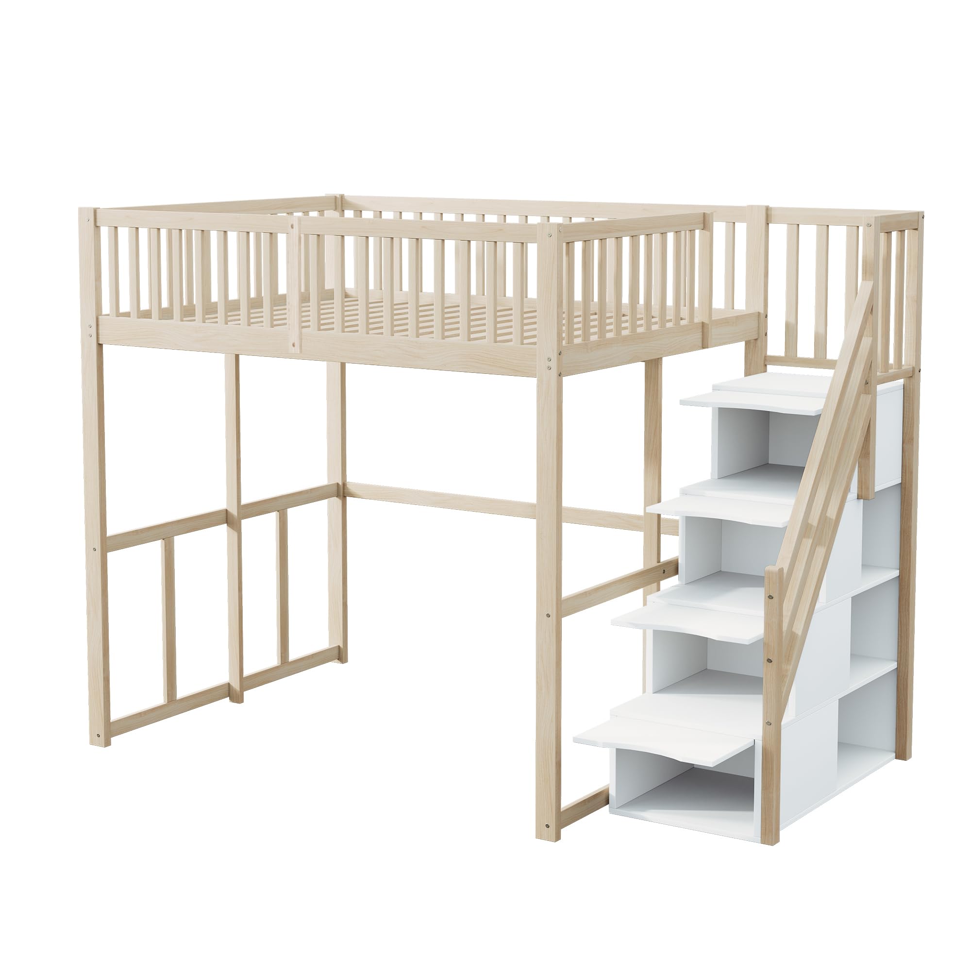 Merax Lit Mezzanine 140 x 200 cm, Multifonction Lit Enfant avec Espace de Rangement Escalier, Couleur Bois et Blanc (sans Matelas)