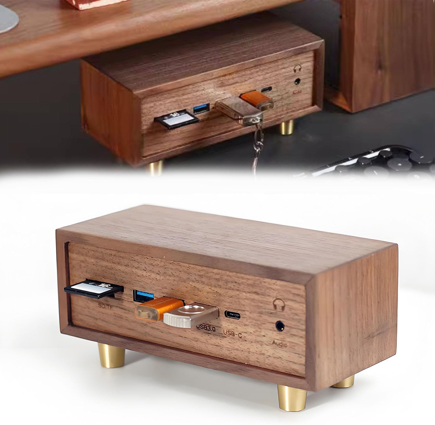 USB Docking Station, Solid Wood USB3.0 * 4 Switch, Copper HUB Docking Station with Dual SD/TF Card Reader Slots & 3.5mm Audio Jack, Retro Creative Table Setting for Phones, Tablets, Laptop
