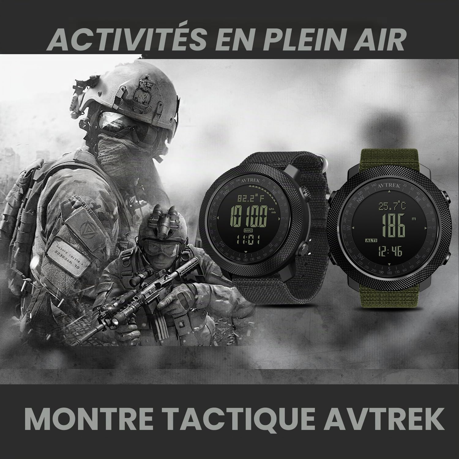 AVTREK Montres Sport Numériques Militaire pour Hommes, Altimètre (Noir) | Montre Digitale Hommes , Altimètre, Compas, Thermomètre Podomètre et Montre Tactique Rétroéclairée, 50M Étanche.