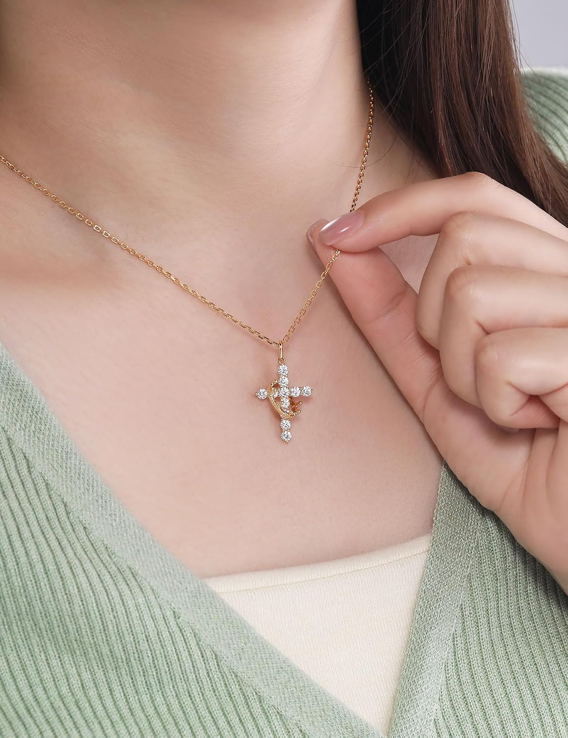 Moissanite Cross Necklace with Crown for Women Sterling Silver Pendant Christian Faith Chain Jewelry Gifts