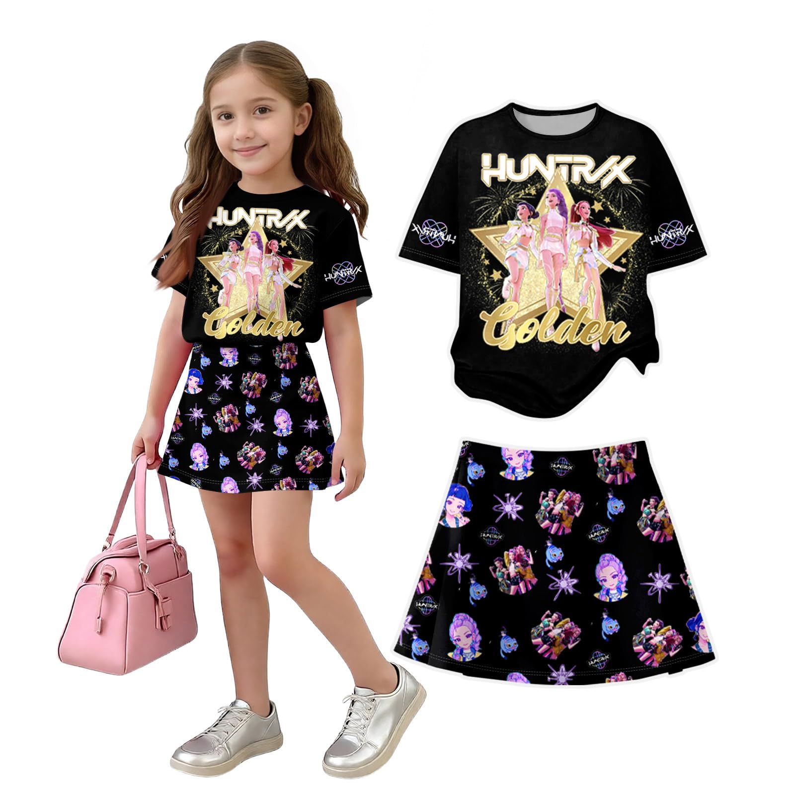 Girls 2-Piece Anime Outfit Set, Short Sleeve Graphic T-Shirt and Printed Skirt Set — view 8
