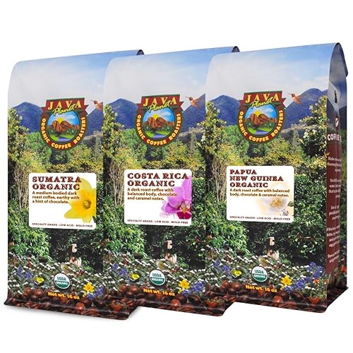 Java Planet Café orgánico tostado oscuro, paquete de 3 variedades, Sumatra, Costa Rica y Papúa Nueva Guinea, café de grano entero certificado