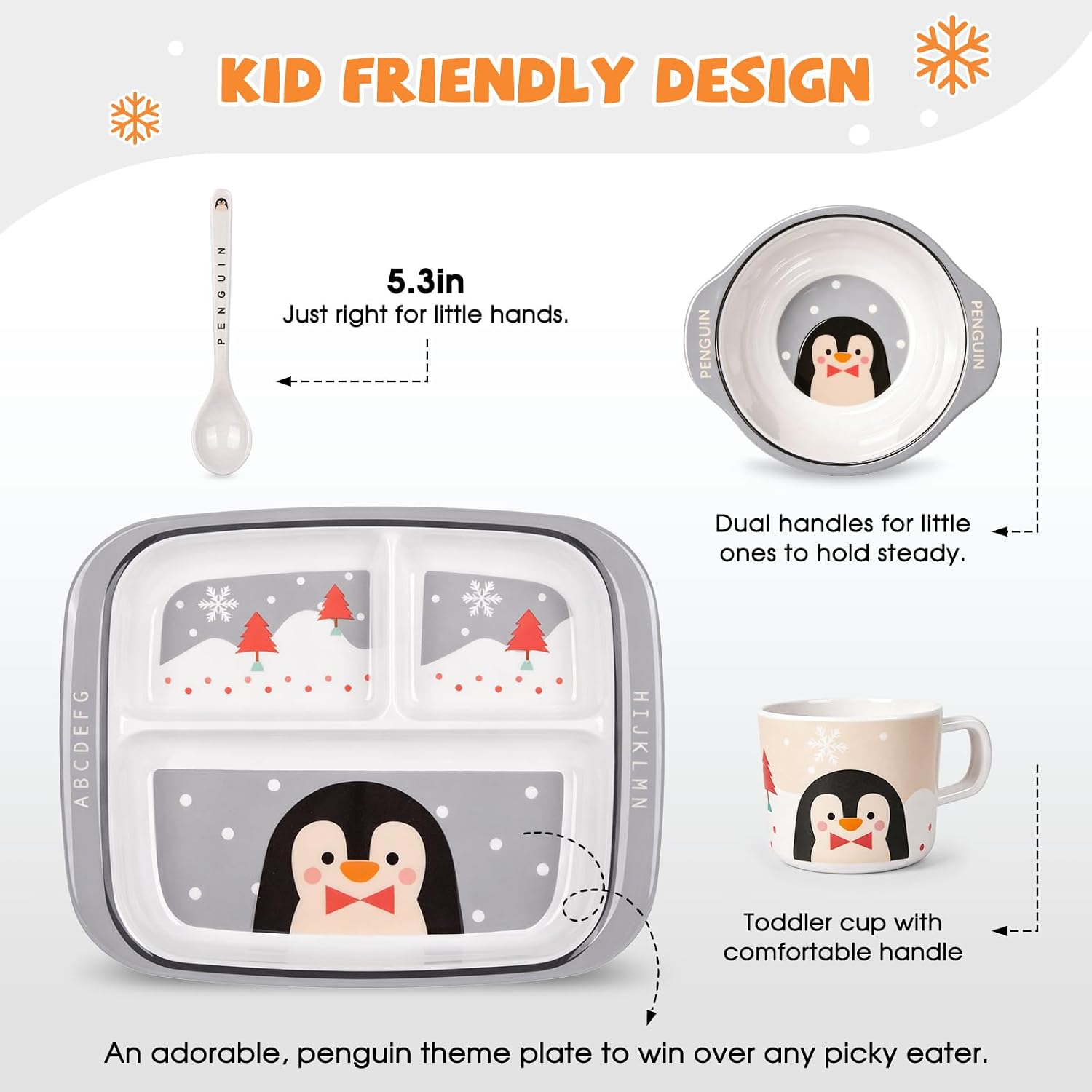 Complete Kids Dinnerware Set - Melamine 3-Compartment Plate, Bowl, Cup, and Spoon - Shatter-Resistant, BPA-Free Non Toxic Dishes - Fun Animal Themed 4-Piece Set for Self Feeding (Penguin)