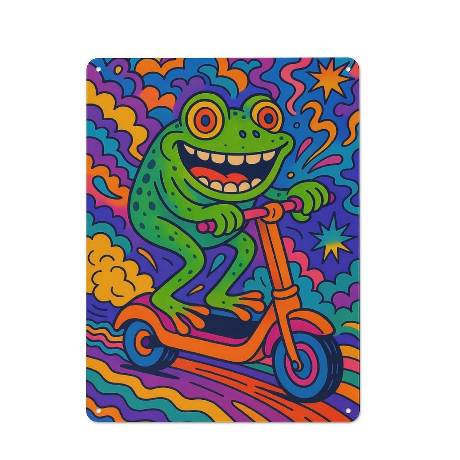 Junmoney Frog On Scooterart Vintage Tin Sign 40X30cm Featuring For Workshop Wall, Gift For Metal Sign Collectors During The Christmas Season