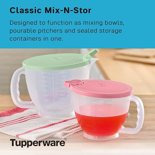 Miniatura 2 de Set de jarras Tupperware Classic Mix-N-Store en verde menta y rosa caramelo, apto para lavavajillas y sin BPA (2 tazones, 2 tapas)