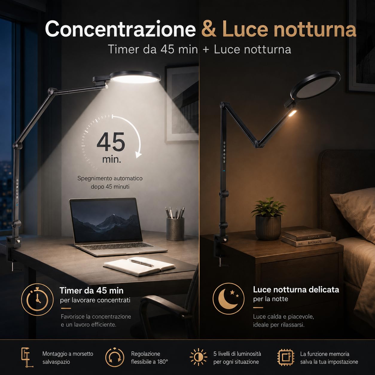 Lampada da scrivania LED con base, 15W 1600 lm regolabile